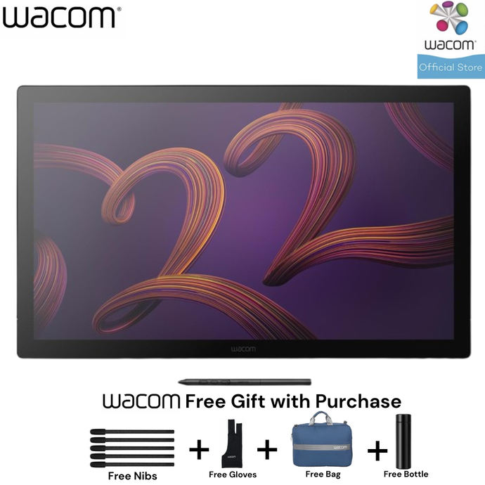 Wacom digital drawing tablet with stylus, gloves, bag, and bottl